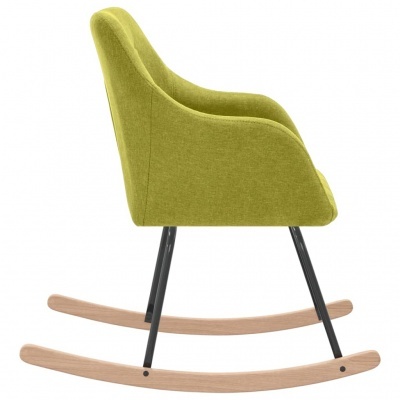 Cadeira de baloiço verde musgo com estrutura preta e pés de madeira clara.