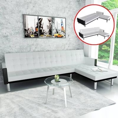 Sofá-cama branco em L com estrutura preta e pernas metálicas em sala moderna com mesa de vidro e vista para jardim