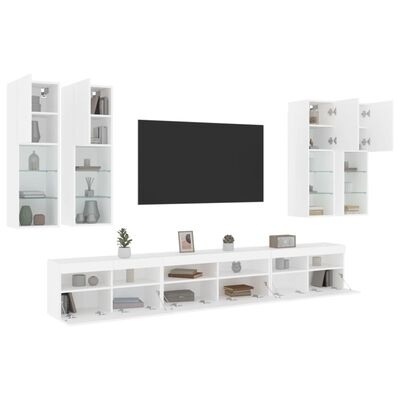 Conjunto de móveis brancos para sala com mesa de TV e estantes de parede