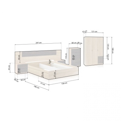 Conjunto de quarto com cama, criados-mudos suspensos e roupeiro de madeira clara com detalhes cinza