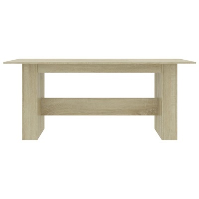 Mesa retangular em madeira clara com barra horizontal entre pernas