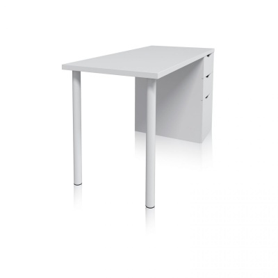 Mesa branca com três gavetas à direita e pernas cilíndricas à frente