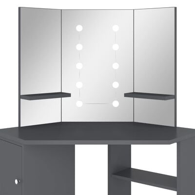 Mesa de maquilhagem cinza com espelho triplo e luzes redondas