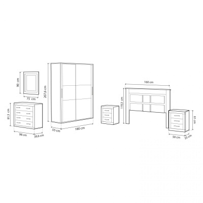 Desenho técnico em preto e branco de conjunto de mobiliário de quarto com medidas em centímetros.