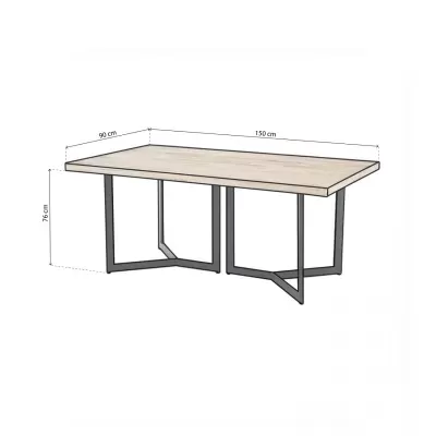 Mesa retangular em madeira clara com pernas pretas e medidas indicadas