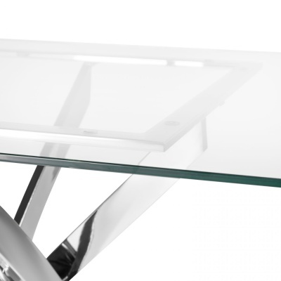 Mesa com tampo de vidro transparente e estrutura metálica