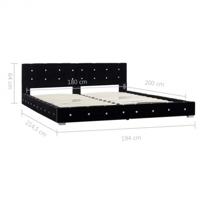 Cama de casal preta de veludo com cabeceira alta e botões brancos, com dimensões indicadas.