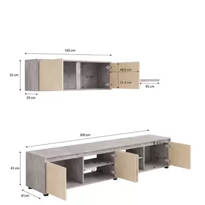 Móvel de televisão cinza com portas bege e várias divisórias, com medidas indicadas.