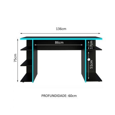 Secretária preta com prateleiras laterais e medidas em centímetros