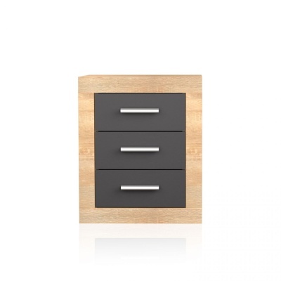 Móvel com três gavetas cinza e estrutura em madeira clara