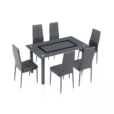 Conjunto de mesa de vidro fumado retangular com seis cadeiras cinza escuro