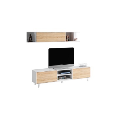 Móvel para TV branco com portas de madeira clara e prateleira suspensa com decoração