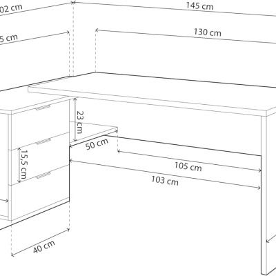 Desenho técnico de secretária com dimensões em preto e branco