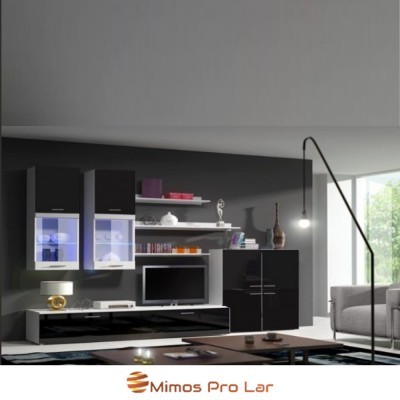 Conjunto de móveis de sala modernos em preto e branco com armários de parede e estantes