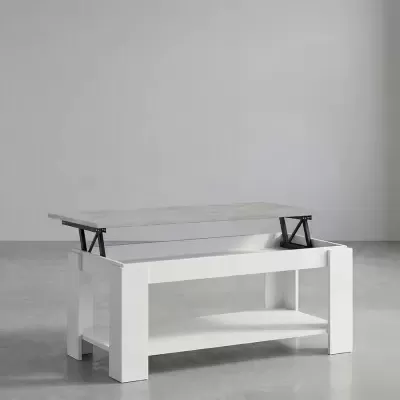 Mesa de centro branca com tampo elevatório cinza e prateleira inferior