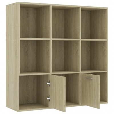 Estante modular de madeira clara com nove compartimentos e duas portas abertas