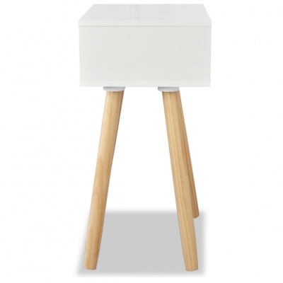 mesa de apoio branca com pernas em madeira clara