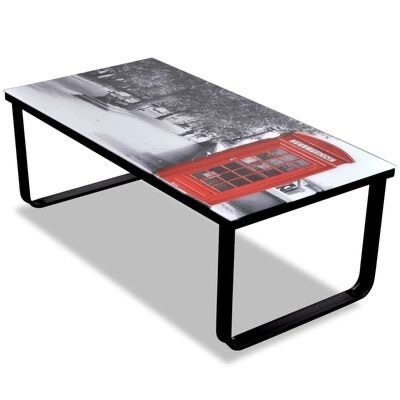Mesa de centro com tampo decorado com imagem de telefone público vermelho