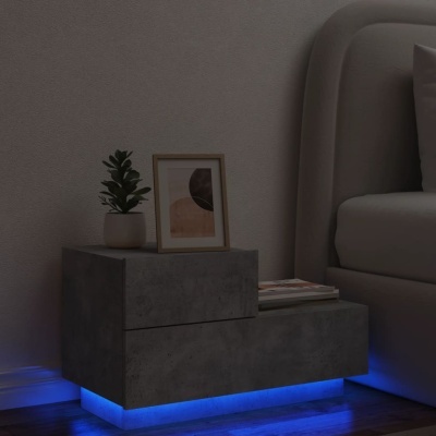 Móvel cinza com iluminação azul e decoração ao lado da cama