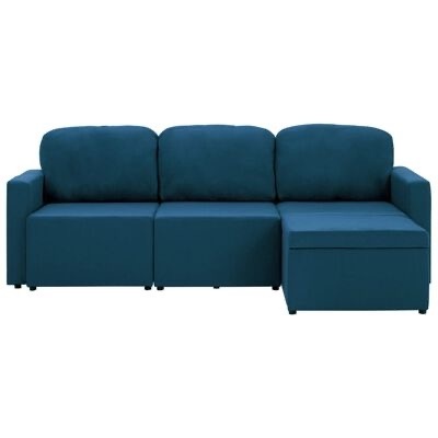 Sofá azul escuro com chaise longue à direita e três assentos, estofado em tecido, fundo branco