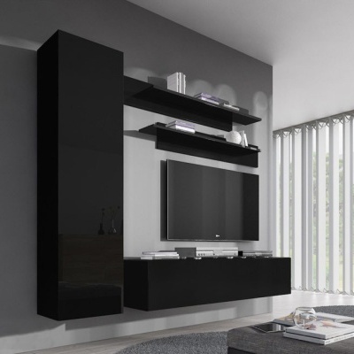 Conjunto de móveis de sala em preto brilhante com televisão e parede cinza
