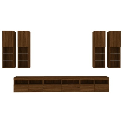 Conjunto de móveis de madeira castanho escuro com armários verticais e móvel baixo