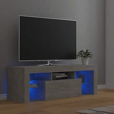 Móvel de televisão cinzento com iluminação azul e televisão de ecrã plano