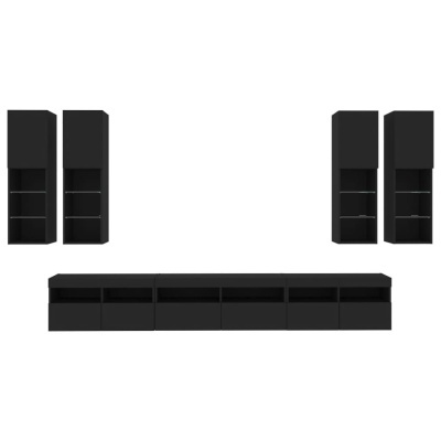 Conjunto de móveis pretos para parede com prateleiras e gavetas