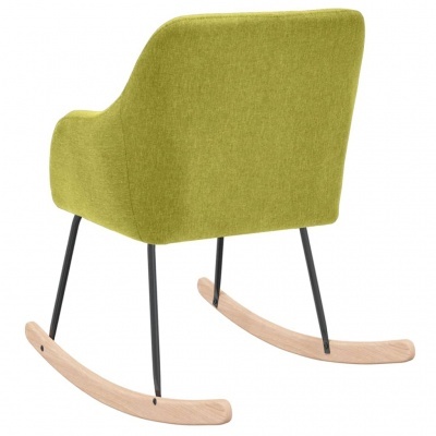 Cadeira de baloiço verde com estrutura metálica preta e bases de madeira clara curva