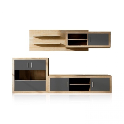 Conjunto de móveis em madeira clara e cinzento com porta e prateleiras