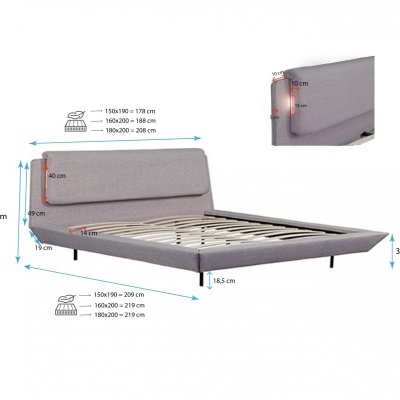 Cama estofada cinzenta com medidas detalhadas em imagem