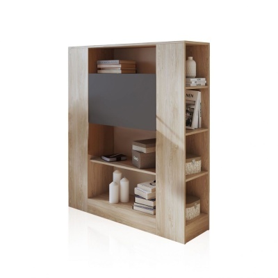 Estante em madeira clara com prateleiras abertas e compartimento cinza