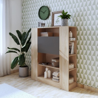 estante moderna em madeira clara com portas cinzentas e decoração em sala com parede geométrica