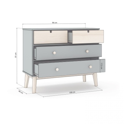 Cómoda colorida com quatro gavetas e pernas de madeira clara