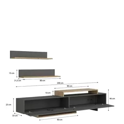 Móvel para sala cinzento escuro e madeira clara com prateleiras e portas, medidas em cm