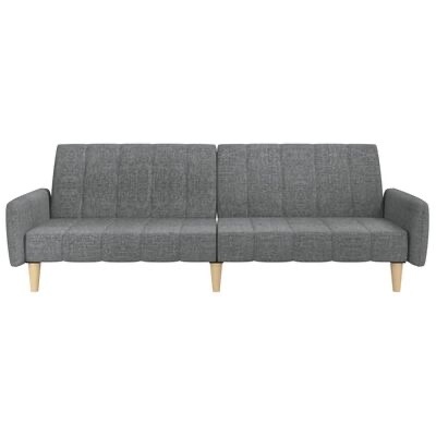 Sofá cinzento de tecido com pernas de madeira clara