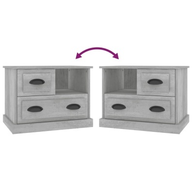 Mesa de cabeceira cinza claro com gavetas e prateleira aberta