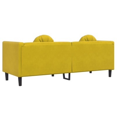 Sofá amarelo de duas pessoas com pernas pretas em fundo branco