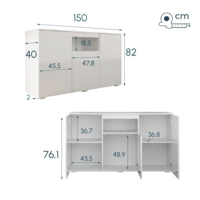 Aparador branco com portas e dimensões indicadas
