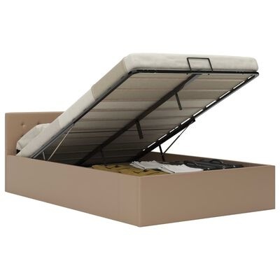 Cama estofada bege com espaço de arrumação interior e colchão levantado