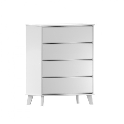 Cómoda branca de madeira com quatro gavetas e pernas inclinadas