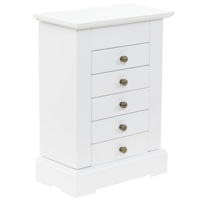 Móvel branco com cinco gavetas e puxadores metálicos