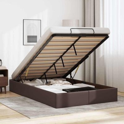 Cama de arrumação castanha com colchão branco levantada e espaço de arrumação visível