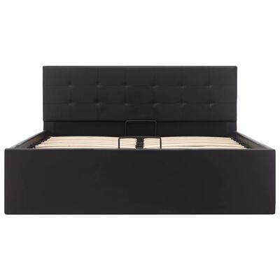 Cama de casal preta com cabeceira acolchoada e ripas de madeira