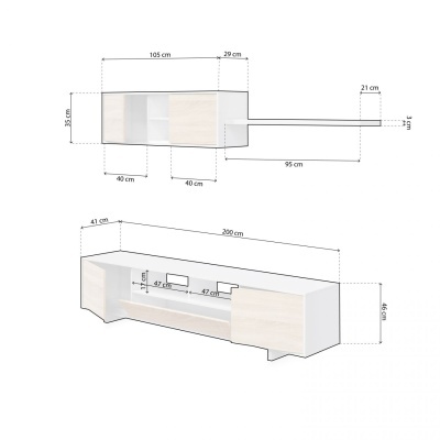 Móvel de sala branco com armário suspenso e prateleiras