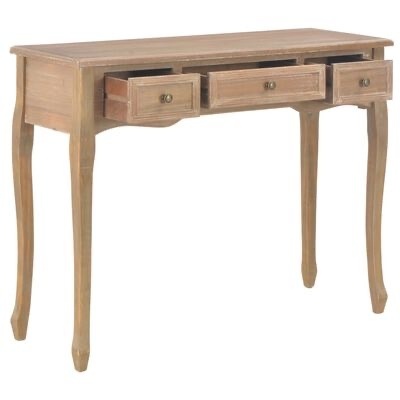 Mesa de madeira clara com três gavetas abertas e pernas curvas