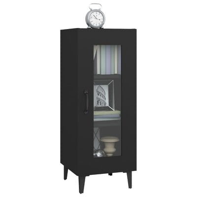 Armário preto com porta de vidro e relógio branco no topo