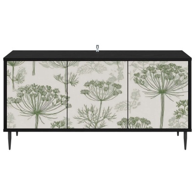 Móvel preto com três portas decoradas com padrão vegetal verde e bege