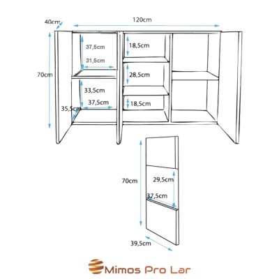 Estante em madeira clara com várias prateleiras e portas, vista técnica com dimensões em cm e logotipo Mimos Pro Lar