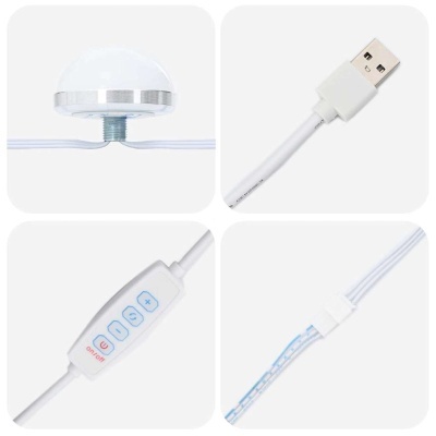 Cabos e controlador com botões on/off e símbolos, conector USB branco, cabo transparente com fios azuis.